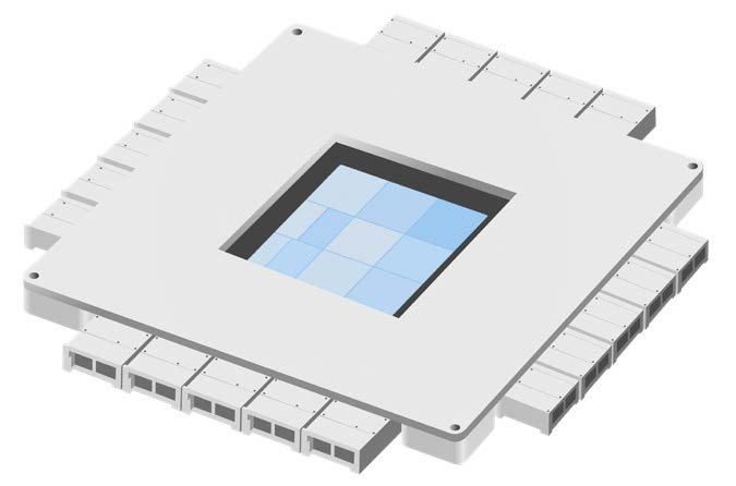 Illustration of a co-packaged optics (CPO) component for high-speed switches